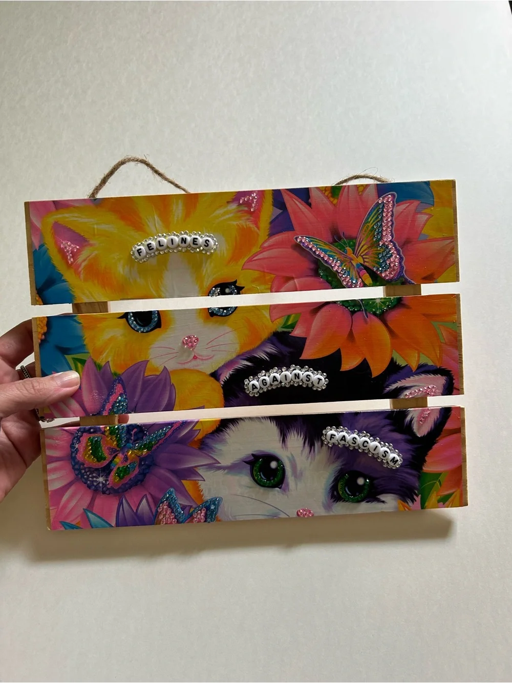 Handmade Lisa Frank Cats Against Fascism Wall Sign with Butterflies